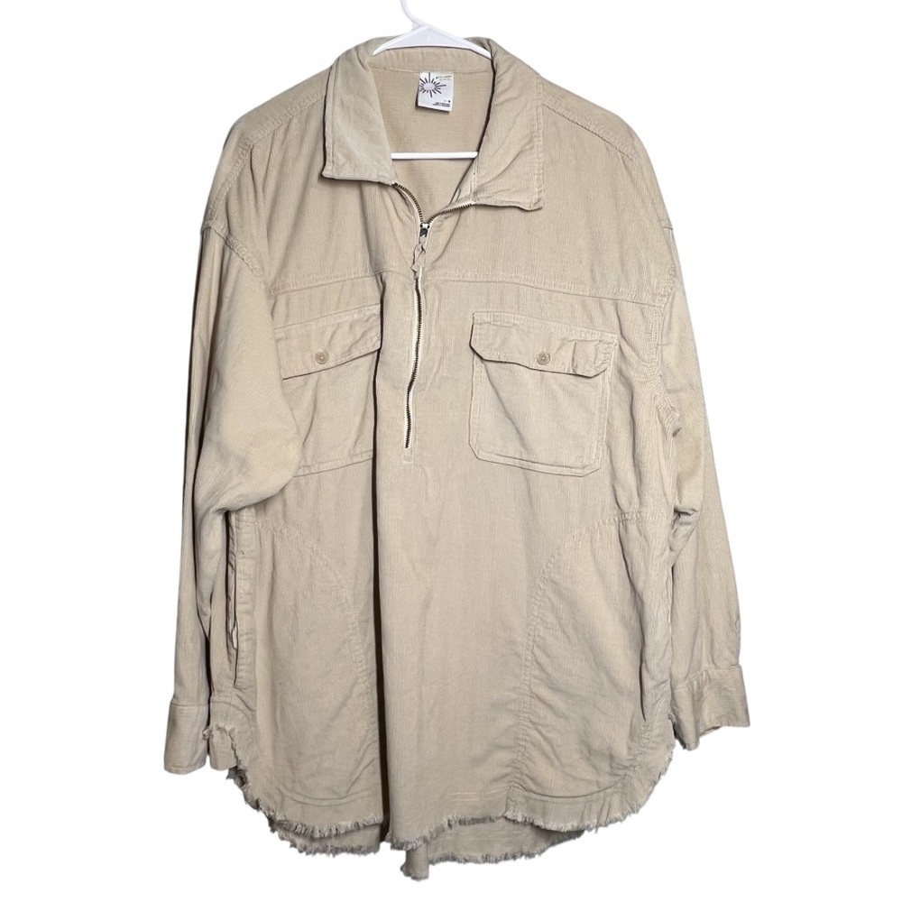 Offline by Aerie Tunic Top Size L Beige Corduroy 1/2 Zip Fringe Hem Oversized